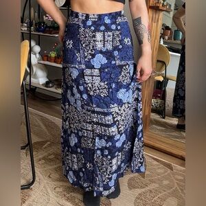 Vintage Floral Patchwork Maxi Skirt - Blue